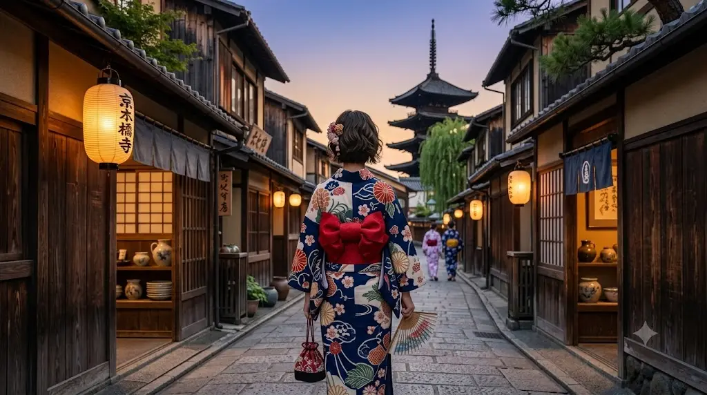 アンティークな街並などを背景にシックで華やかなレトロモダン浴衣を着て歩く女性の後ろ姿