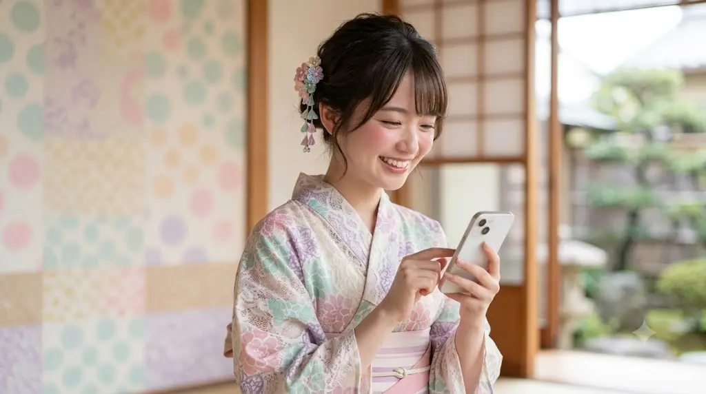パステルカラー the レース浴衣を着て笑顔でスマホを眺める10代女性