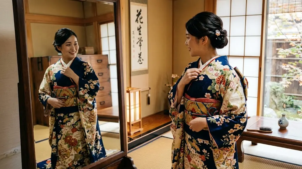 鏡の前で着物の衿元やおはしょりの乱れを整えている様子
