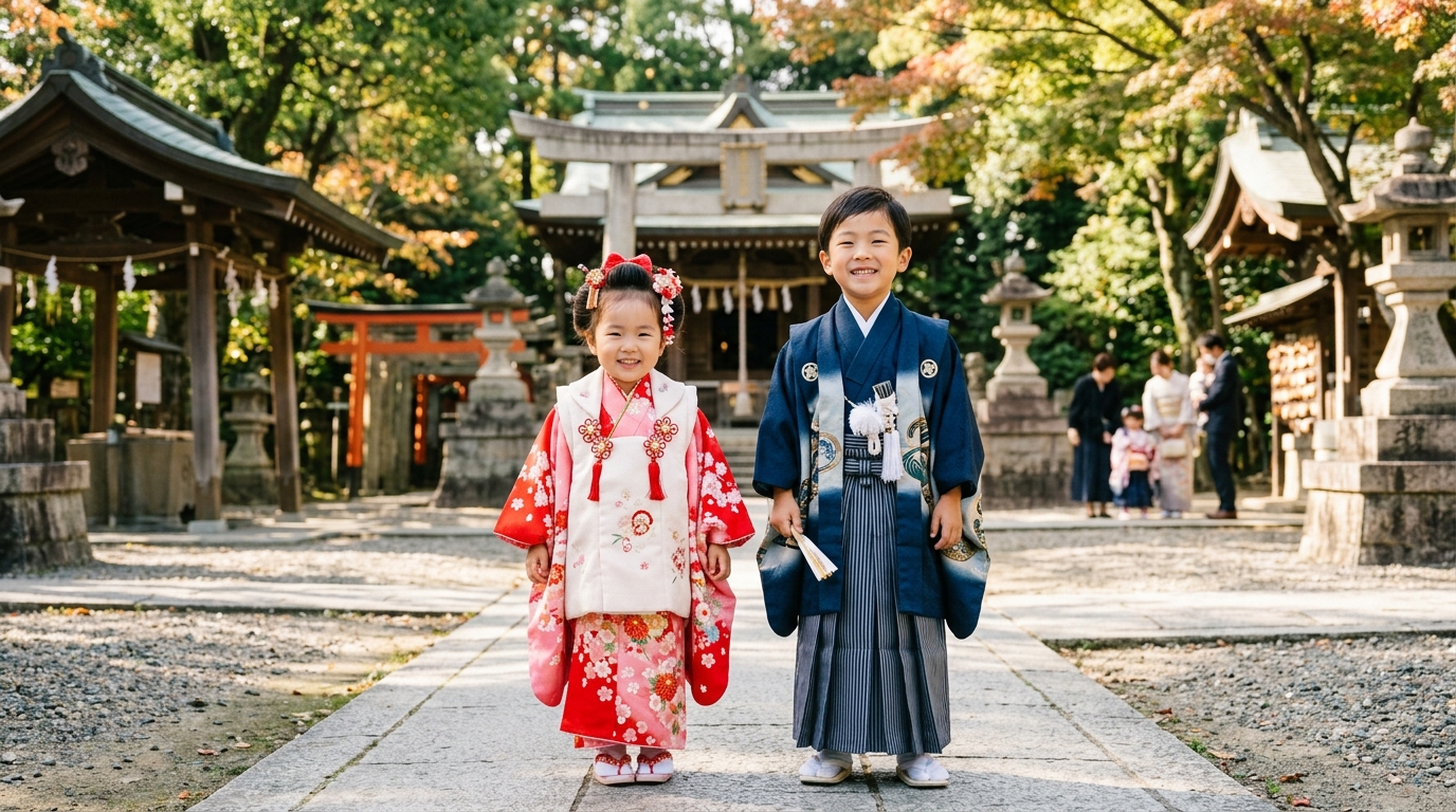 七五三のお参りで華やかな祝い着を着て笑顔を見せる子どもの様子