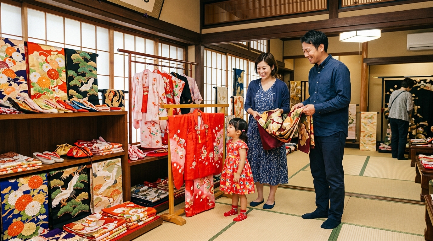 呉服店や百貨店で七五三の着物を吟味する家族の風景