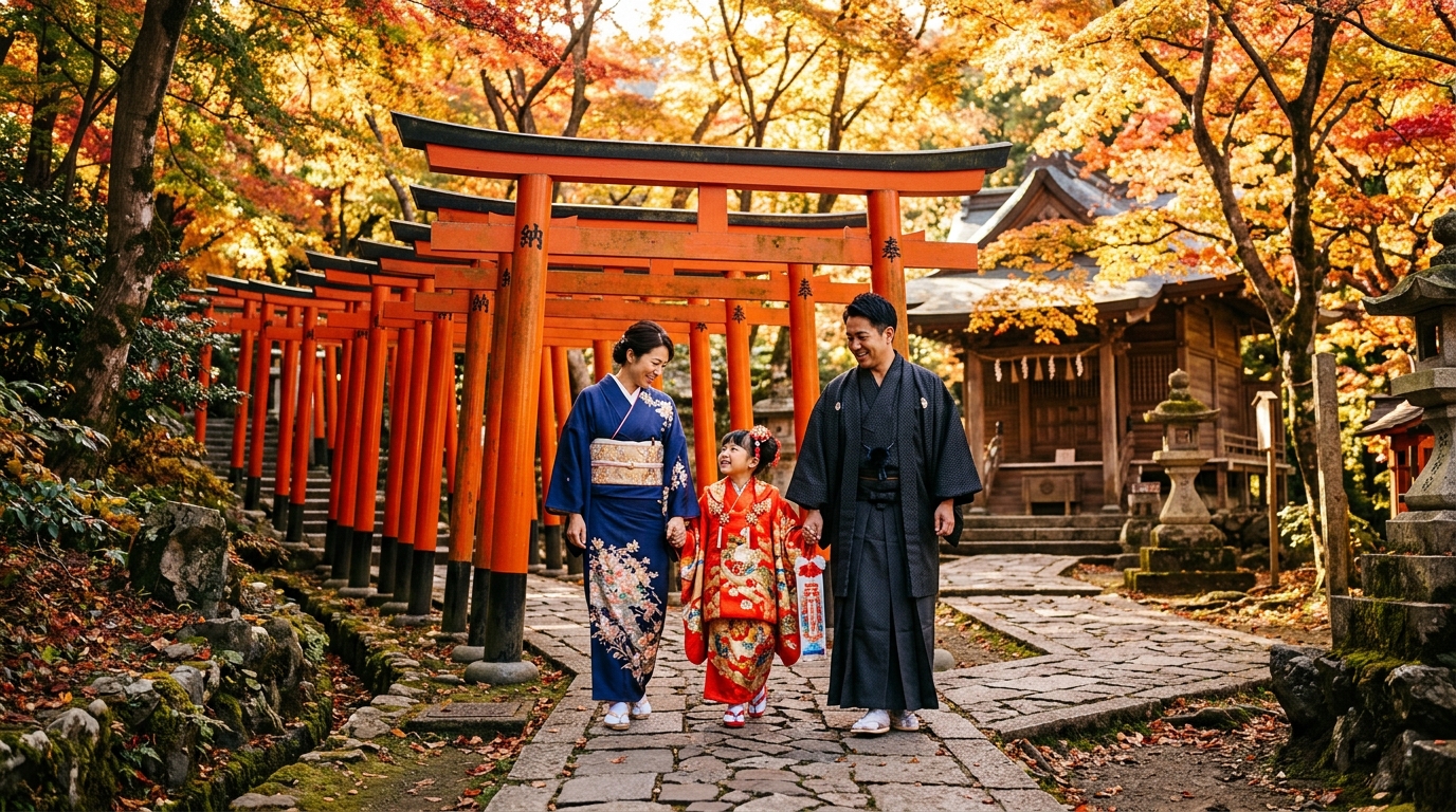 晴れ着を着て七五三のお参りをする可愛らしい子どもと家族の風景