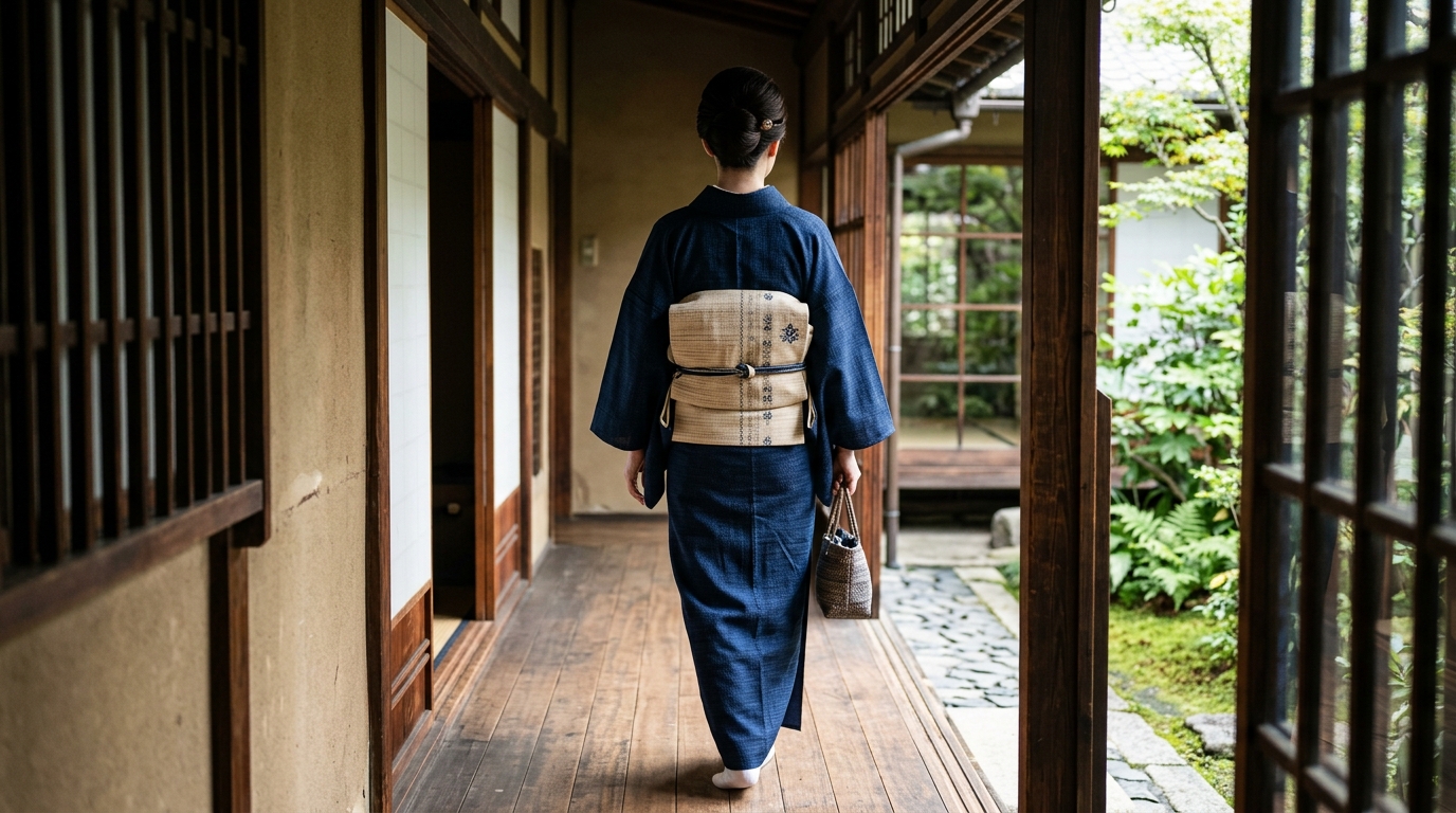 紬着物と紬の帯を合わせた温かみのある和装コーディネート