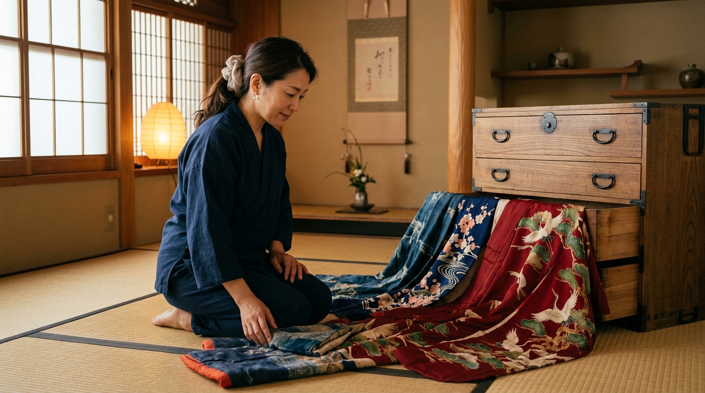 実家のタンスから出した古い着物を広げて査定結果に悩む女性の様子