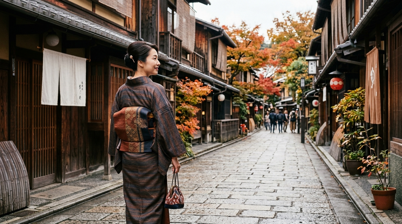 風情ある街並みで上品な袷の紬を着て散策する女性の様子