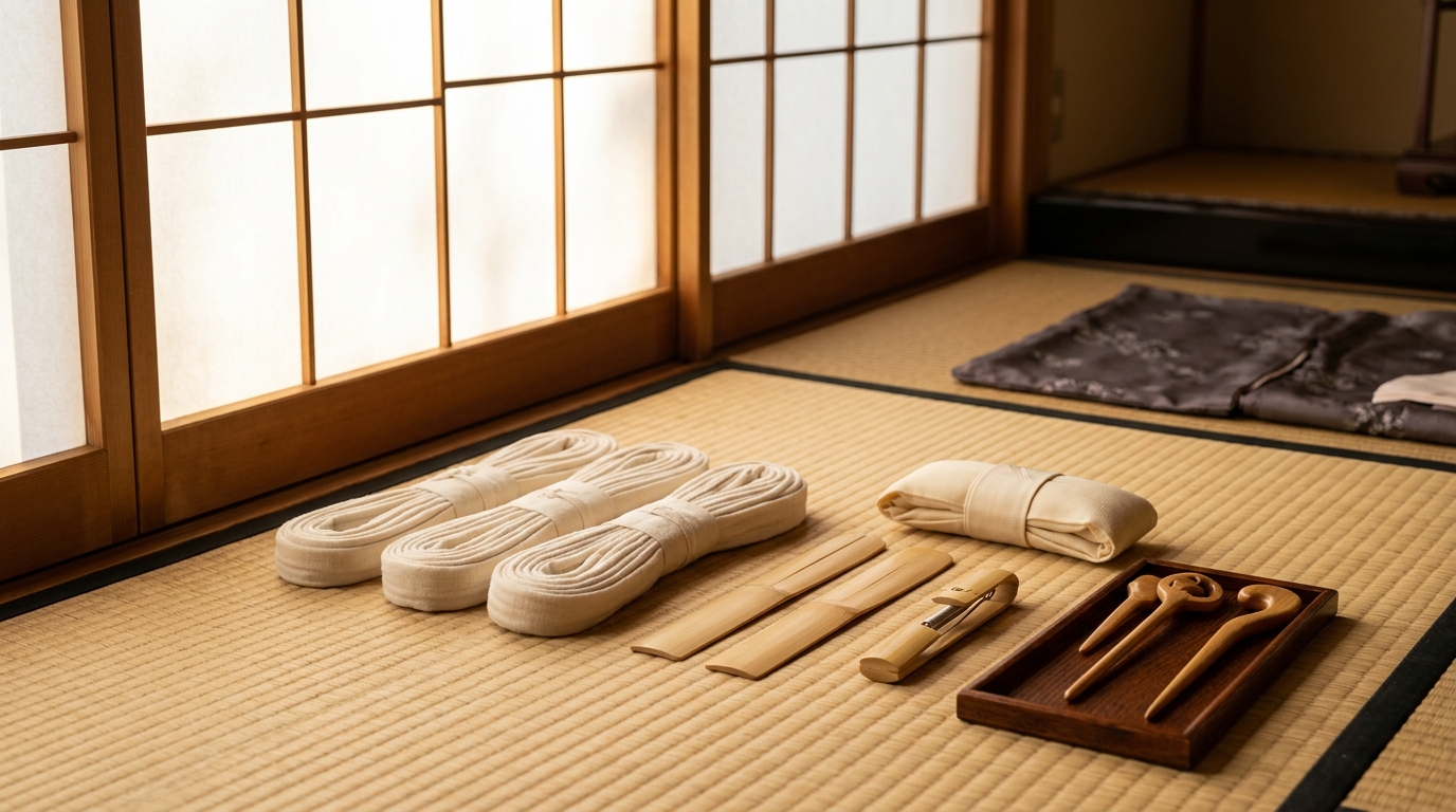 上質なモスリン素材の腰紐や着付け小物が畳の上に美しく整然と並べられている様子