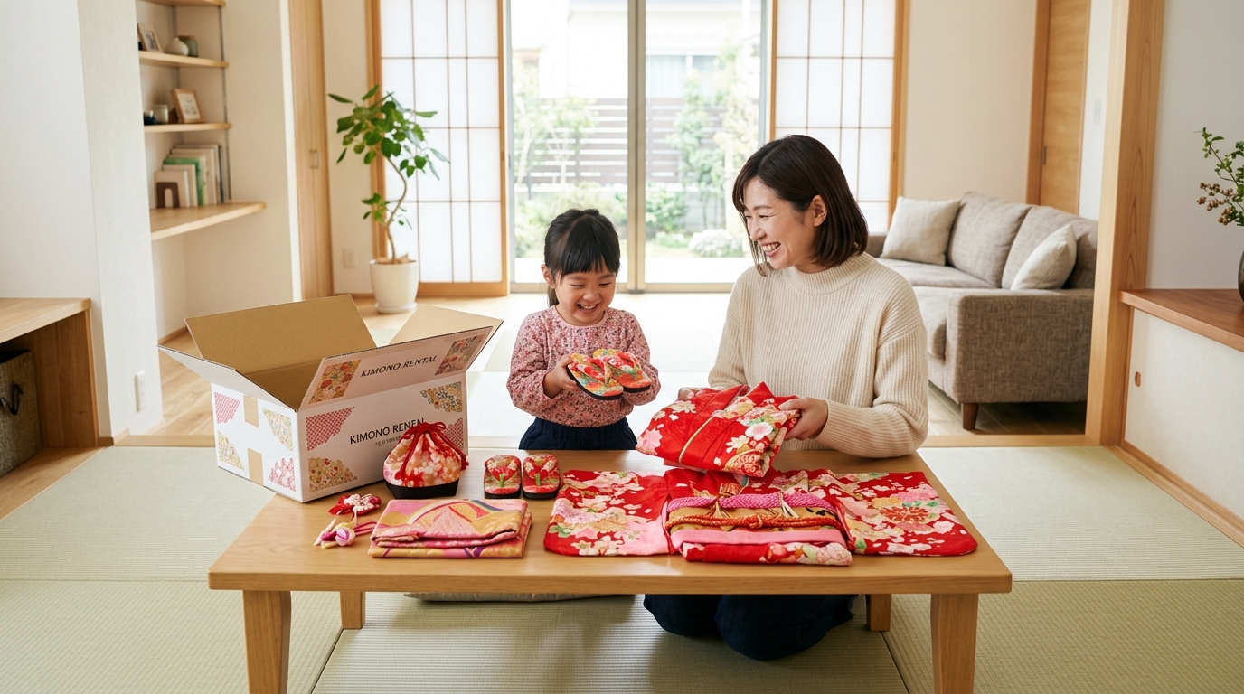 ネットレンタルの着物セットを自宅で確認している様子
