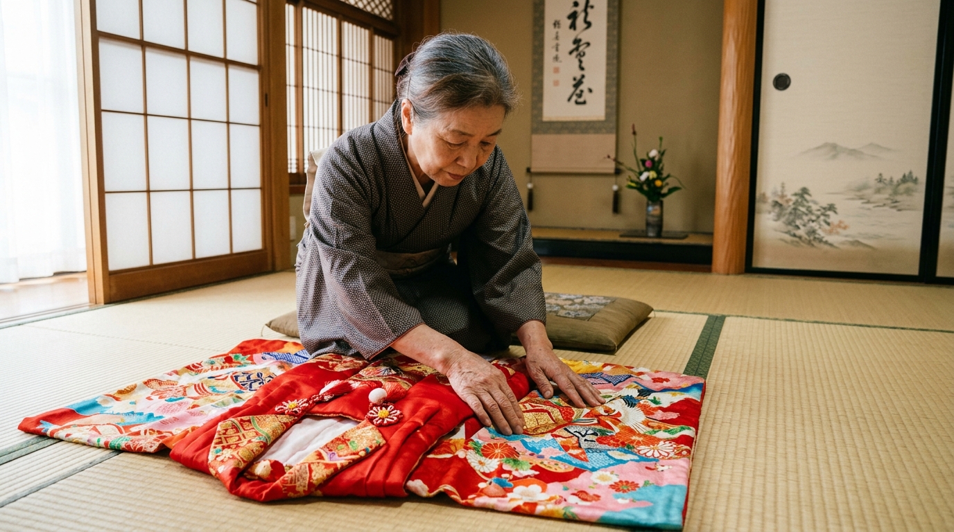 七五三の着物や被布を丁寧に広げて汚れや状態を点検している様子