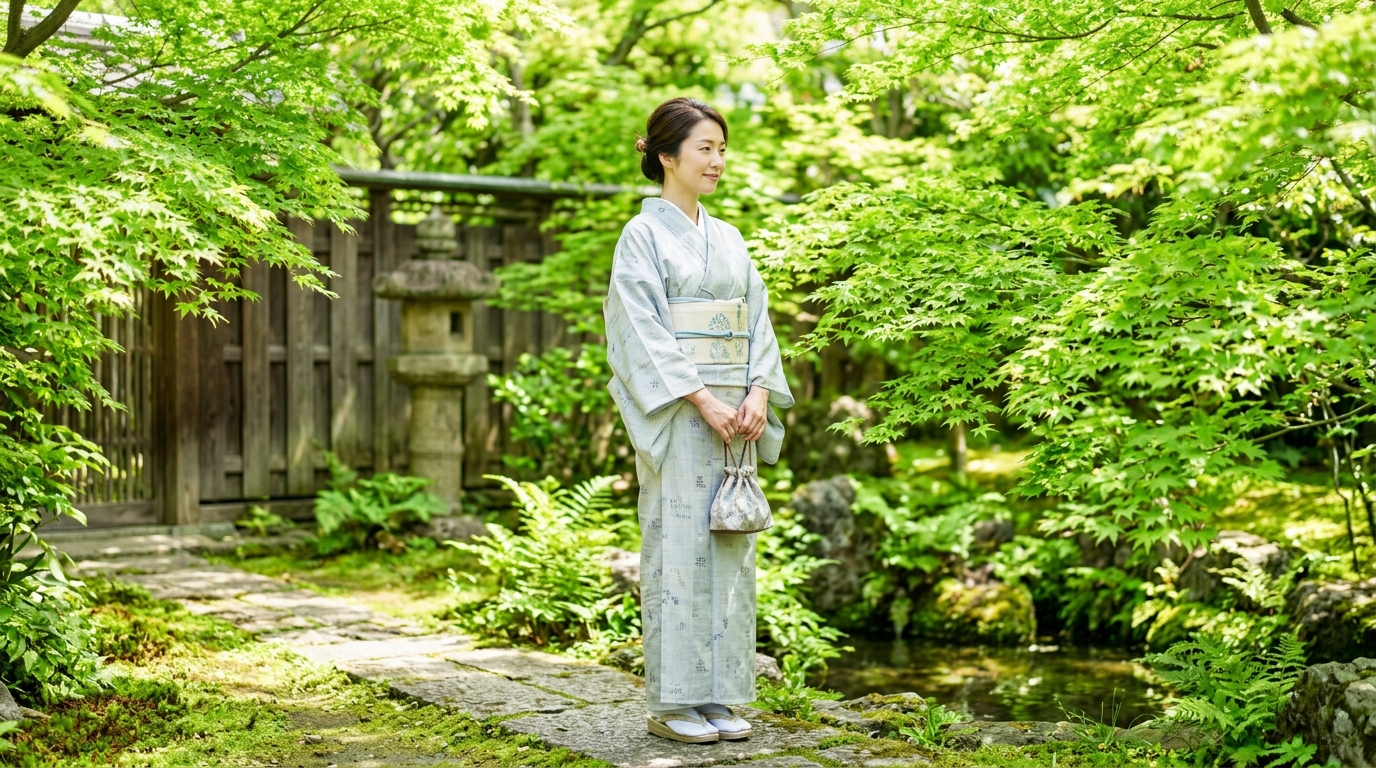 爽やかな新緑の季節に涼しげな単衣の紬を着こなす姿