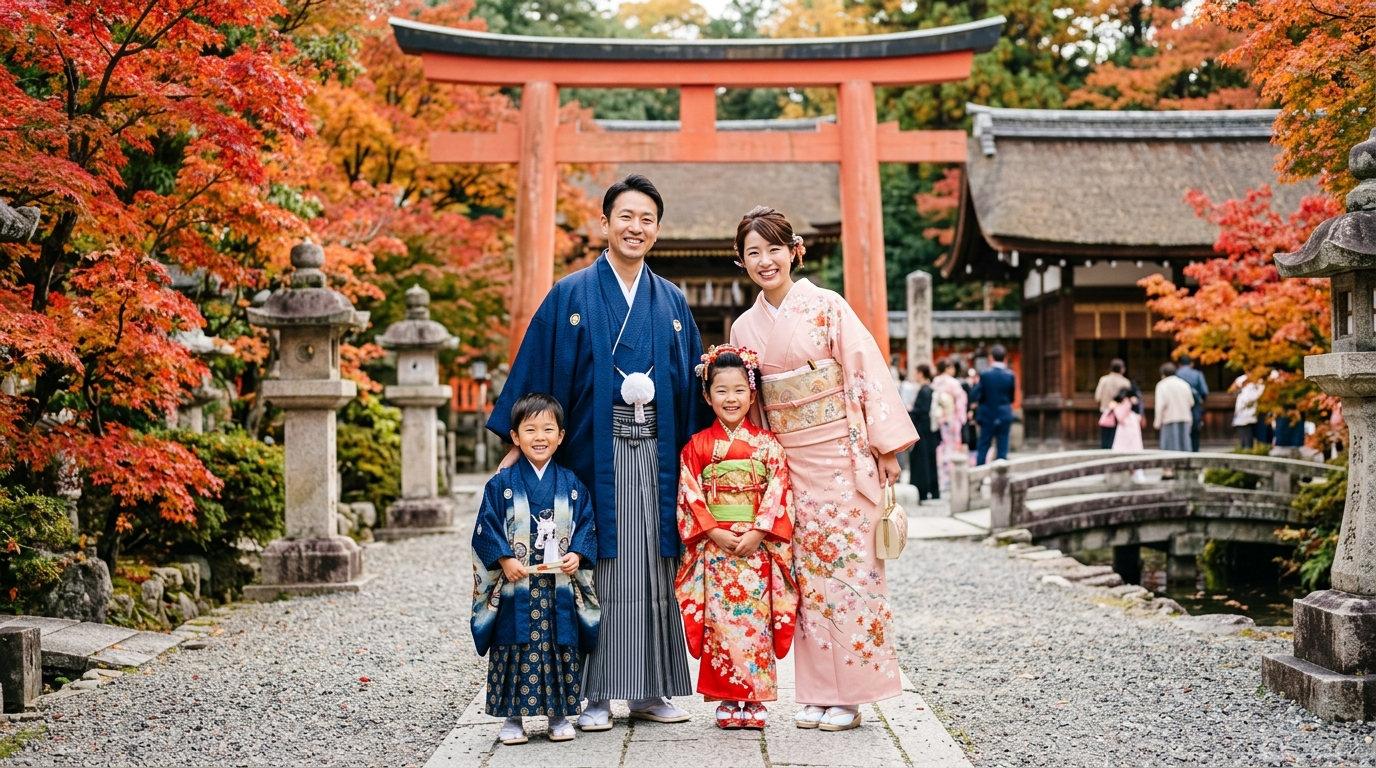 家族みんなで着物を着て七五三のお祝いを楽しむ記念写真