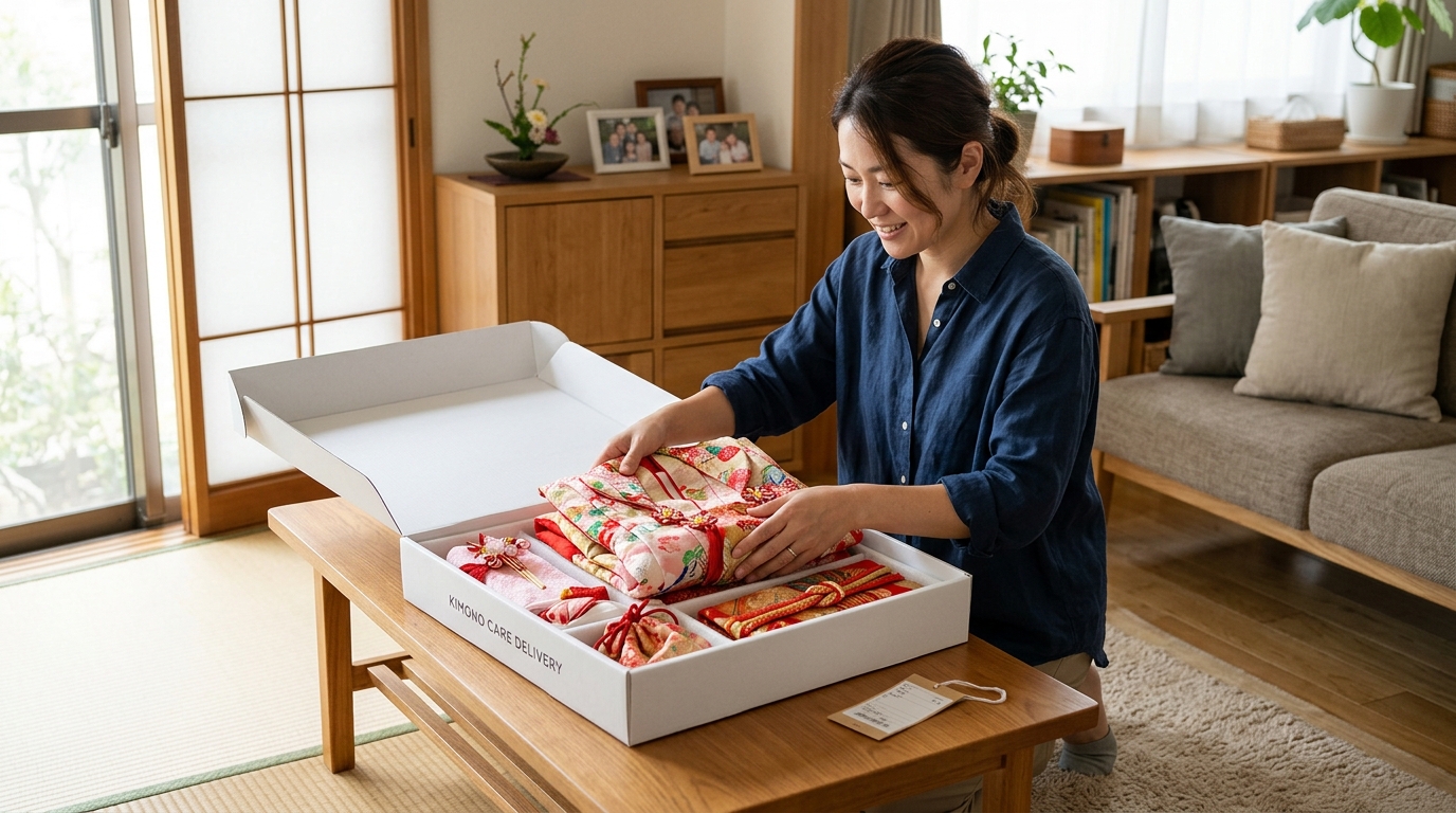 宅配クリーニングの専用キットに七五三の着物を丁寧に梱包している様子