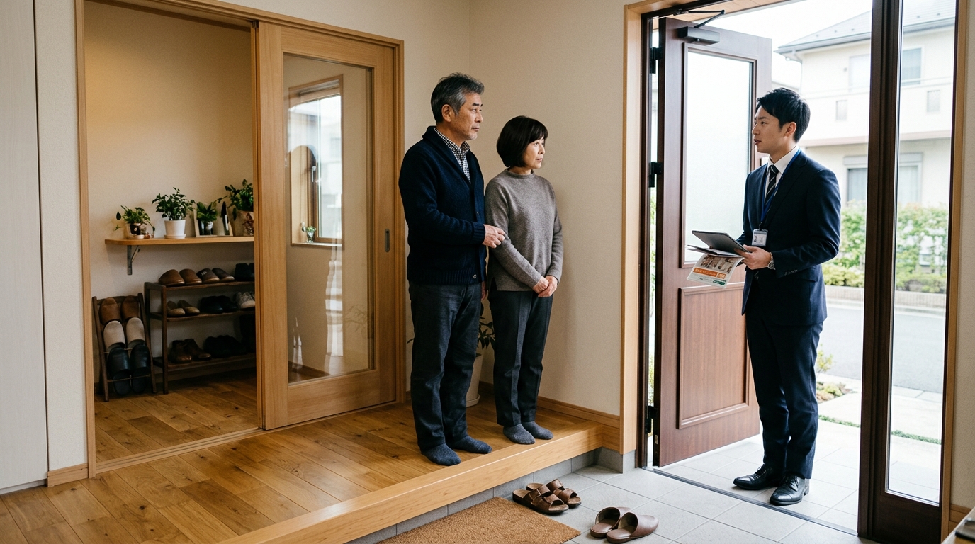 訪問買取のトラブルを避けるために玄関先で冷静に対応する家族