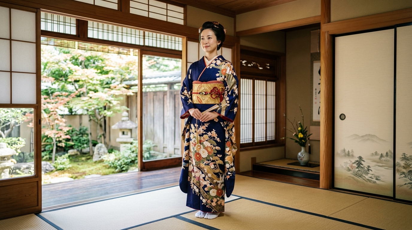 腰紐で丈を合わせたすっきりとしたおはしょりが美しい上品な着物姿の女性