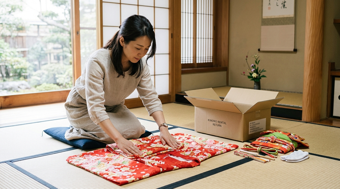 七五三参拝後に着物を丁寧に畳んで返却準備をする様子