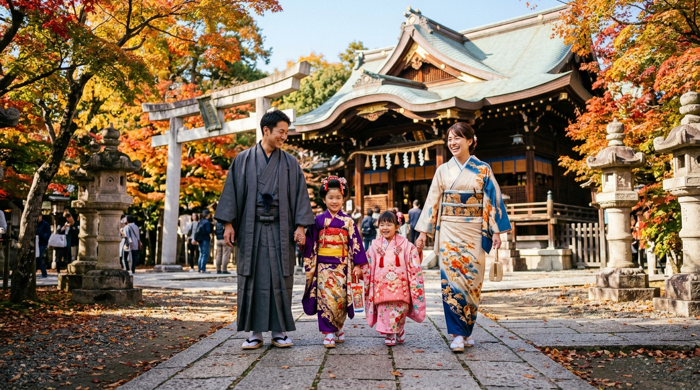晴れ着を着て神社にお参りする笑顔の子供と家族の風景