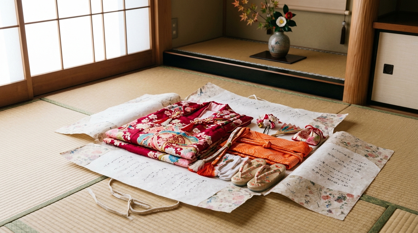 クリーニングを終えて綺麗なたとう紙に包まれた七五三の晴れ着と小物