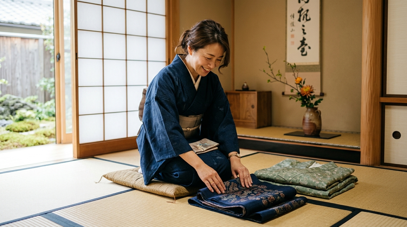 和室で紬の帯と着物を丁寧にコーディネートして楽しむ女性の姿