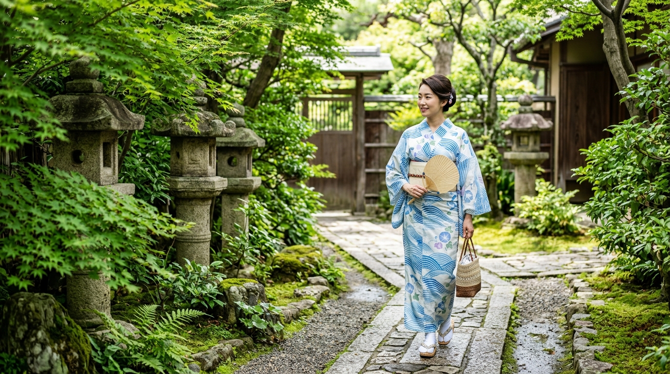 風通しの良い夏のテラスで涼やかに夏着物を着こなす和装姿