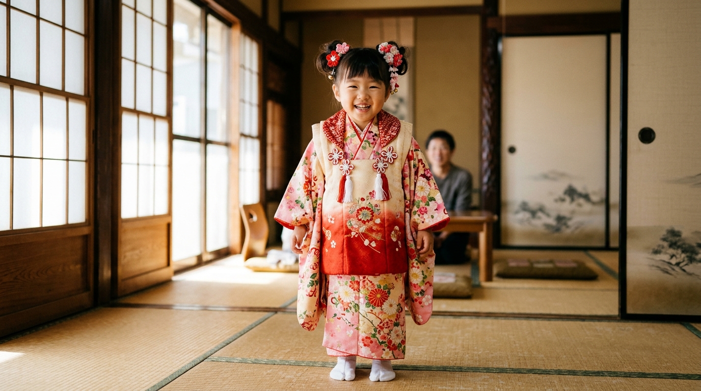 3歳の女の子が華やかな被布コートを着て家族と笑顔で見つめ合っている様子の写真