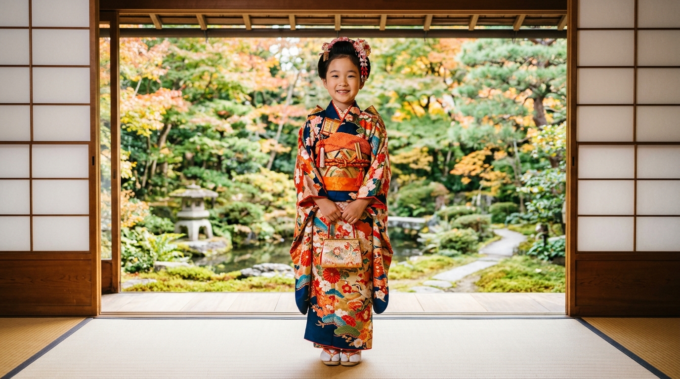 7歳の女の子が華やかな作り帯とおしゃれな着物を身につけて微笑んでいるポートレート写真