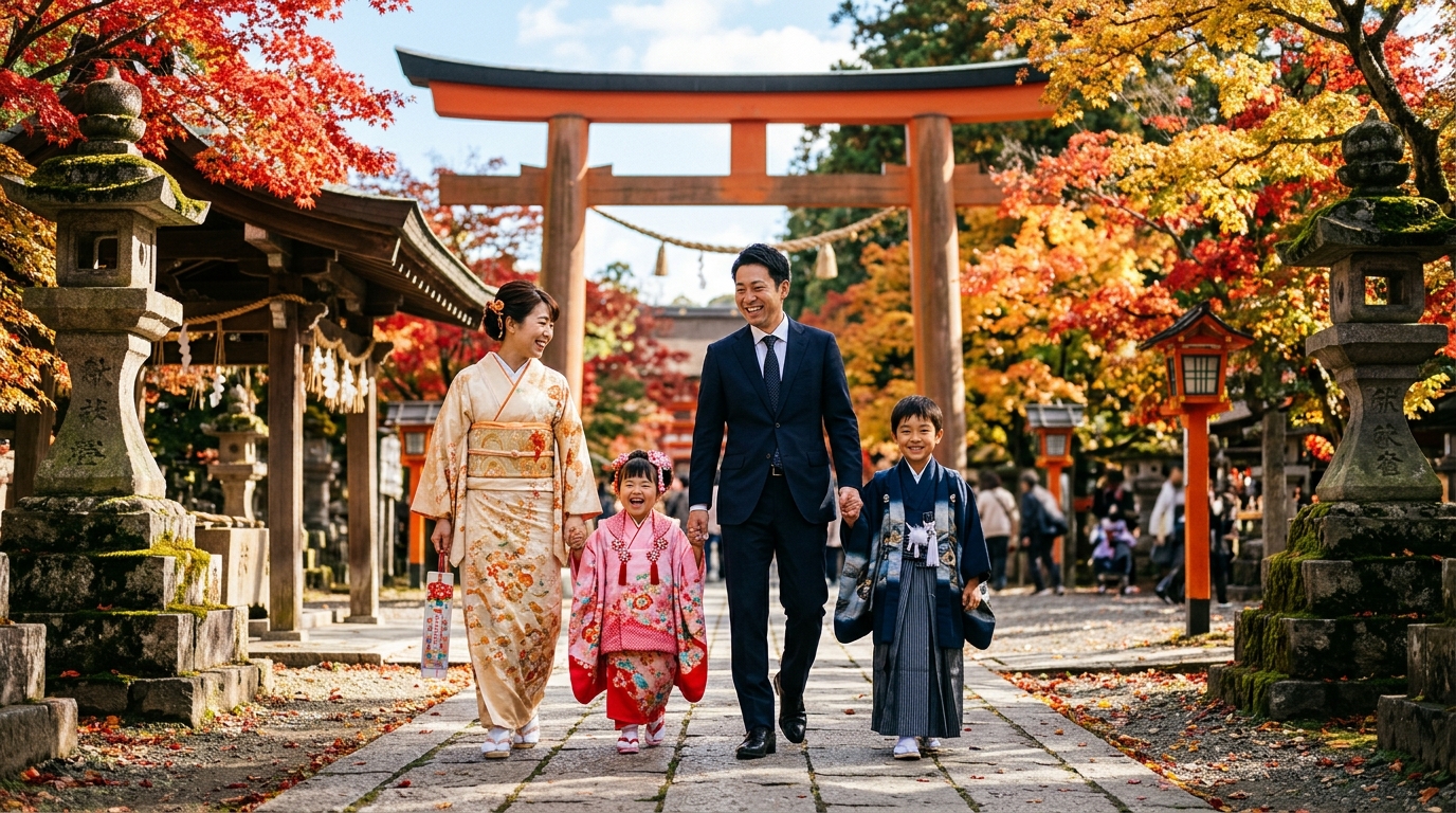 神社の境内で着物を着た子どもが笑顔で歩き家族が温かく見守っている晴れやかな風景写真